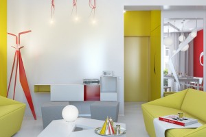 Small apartment interior decorating with colorful funky bright finish